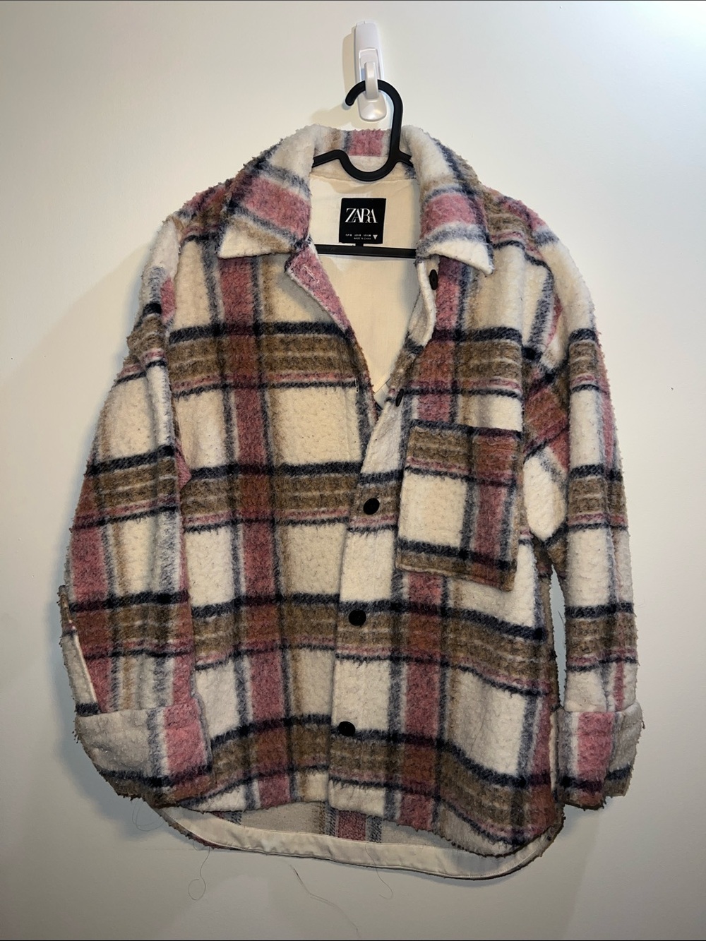 ZARA Kids Cream Plaid Shacket with Pink & Brown Accents